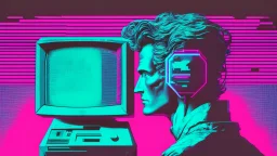 synth-wave, man with monitor as head, iconic:1.8),