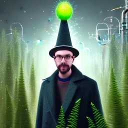 portrait of optimist scientist in coat, metal xmas mad hat ,cell towers overgrown with plants, autmn, mist,sparks flying, spotlights, spray paint art, book illustration, 4k, high detail