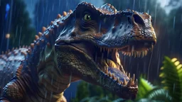 Huge dinosaur in a thunderstorm, intricately detailed face, Professional photography, bokeh, a breathtaking background cinematic side light, medium shot head, shot on dslr 64 megapixels sharp focus, canon lens, Hyperrealistic, concept art, 16k resolution