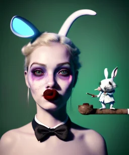 Ultra realistic portrait, wonderland party club, wide-angle lens, couple, cinematic, happy blonde woman smoking a pipe, accompanied by elegant anthropomorphic white rabbit, circus dress style, old school tattoo, laughter, smoke, marijuana and mushrooms background, glow eyes, perfect iris, soft color, highly detailed, unreal engine 5, ray tracing, RTX, lumen lighting, ultra detail, volumetric lighting, high definition.