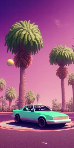 1980's aesthetic vaporwave palm trees with spheres and car