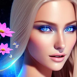 Full body Princess, sexy woman blondie, make up, beautiful smiling face,blue eyes, beautiful place,amazing, flowers, colors, blue and pink butterfly, realistic, photo real, stars night, detailed, high contrast, 8k high definition, unreal engine 5, extremely sharp detail, light effect, light background