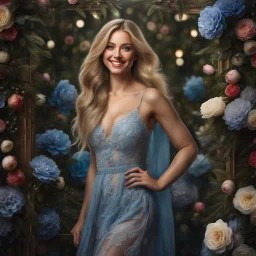 (best quality, 4k, 8k, highres, masterpiece:1.2), ultra-detailed, (realistic, photorealistic, photo-realistic:1.37),hyper realistic, full body gorgeous smiling 1woman,long hair,looking at viewer,realistic proportions,blue eyes,hair ornament,transparent lace dress,very long hair,flower,blonde hair,parted lips,necklace,white dress,blonde hair,lips,joyful pastel background,freckles,realistic,head wreath, pink flower,realistic portrait, dreamy fantasy landscape countryside,great pespective,crystal