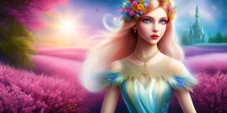 bright fairy, beautiful portrait, flowery landscape