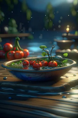 living vegetable on small raft with a bowl of magical fruit soup, in the style of fantasy movies, photorealistic, shot on Hasselblad h6d-400c, zeiss prime lens, bokeh like f/0.8, tilt-shift lens 8k, high detail, smooth render, unreal engine 5, cinema 4d, HDR, dust effect, vivid colors