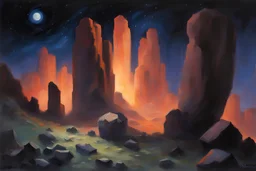 Night, mountains, rocks, sci-fi, rodolphe wytsman impressionism paintings