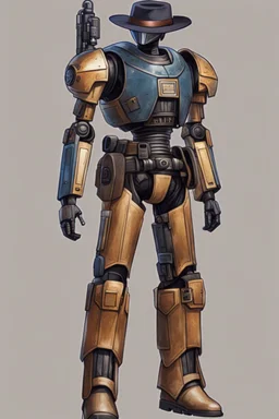 A Star Wars Combat Droid, Wearing Western Cowboy Clothes, Armour looks like Halo, Wearing a cowboy hat and a Cowboy Over-Coat.