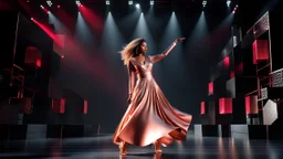 a 3d fractal stage structre made of metallic 3d structures, pertty artistc background,dynamic lights,lady prances in modern fashion clothing dansing in stage