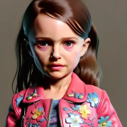 Natalie portman toddler, full body, leather jacket, floral shirt, floral skirt, shoe, soft skin, dramatic lighting, hyper realistic