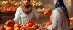 A full-length Palestinian girl wearing an embroidered dress and a white embroidered shawl buys oranges from an old seller wearing a keffiyeh in the market of Jerusalem, 100 years ago, at night with multi-colored lights reflecting on her.