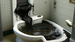 black turd starts to come out of the clogged toilet of black water and overflows into the hallway