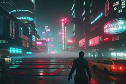 Cyberpunk district with giant foggy skyscarpers, cars, FoV: 100, HD, Unreal Engine 4, heavy rain, rainy streets reflection, neon signs, low contrast, grainy, less color, titanfall,