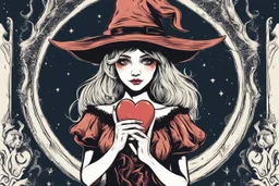 portrait of a wizard hat Halloween vintage girl with heart in her hands, half demon and half angel,