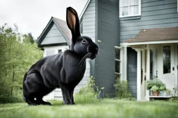 Photograph of a GIANT black rabbit standing next to a house