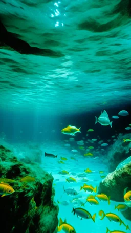 A turquoise underwater cave with fish painted by Andy Warhol