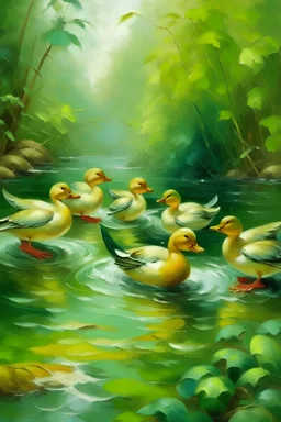 Painting of ducks in a pond