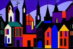 A dark purple city with a church painted by Stuart Davis