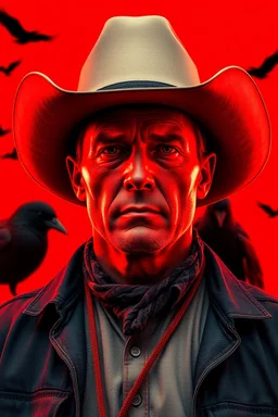 A cowboy portrait with a red light reflecting in their cybernetenhancements.red background all are red black birds in the background