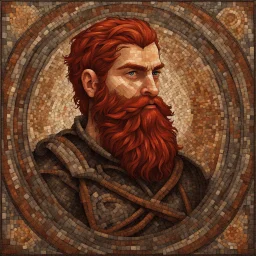 a medieval mosaic, picture made of mosaic tiles, Dnd, fantasy, portrait, only face, dwarf, blacksmith, kind, hearthy, red hair, braided beard