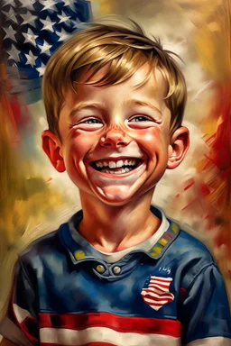 an expressive painting of a boy smiling painting, we might see a companion with features of absolute strength and determination, blended with warmth and deep faith. Perhaps his face expresses wisdom and courage, with eyes radiating confidence and faith.American flag in the background