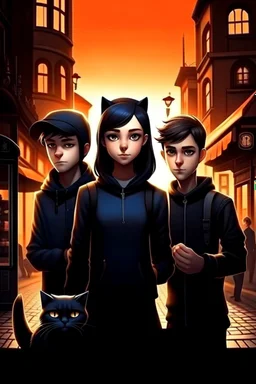 Design a book cover for fantasy criminal story. One teenage girl and two boys are on the town street. Black Cat as a company. The book is for teenagers. Modern style. Bakery in the background