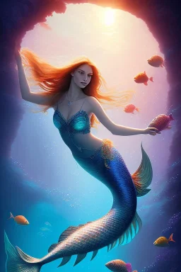 underwater scene, a mermaid, beautiful colors, fish, very fine detail, high quality, mystical, intricate, Impressionism, soft lighting, dream like,