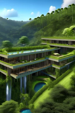Costa Rica style hotel that focuses on luxury and wellness but incorporating nature and technology