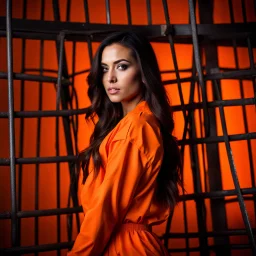 Beautiful 25 year old female prisoner wearing an orange jumpsuit