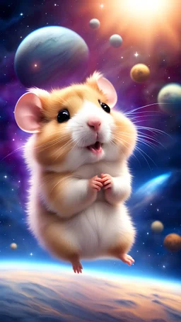 Cute hamster flying in space