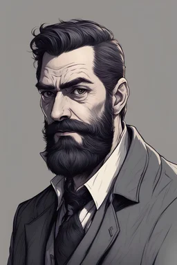 A detective, 30 years, beard guy, horror, dark, short hair, short beard, draw