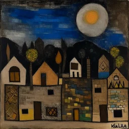A brownish black murky houses in a village at nighttime painted by Paul Klee
