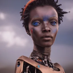 portrait,beautiful african robotic sirene, post-apocalyptic in a cyberpunk city, realistic, intriacte detail, sci-fi fantasy style, volumetric lighting, particales,highly detailed,cinematic, deep blue.