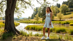 a beautiful lady in nice decolte mini dress sport shoes in country side next to river and big tree,wild flowers standing
