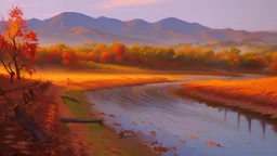 oil painting wineyard hill river autumn leaves