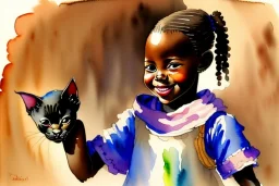 A cute smiling African girl is holding a kitten. Watercolour