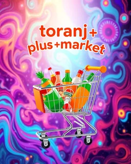 A beautiful and eye-catching design with a shopping cart in the middle filled with supermarket products and the phrase (toranj plus market) at the top of the image as a logo with an orange, red, and white color theme on a special psychedelic background.