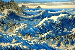 A blue beach filled with beautiful mermaids painted by Katsushika Hokusai