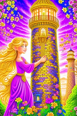 Princess Rapunzel is very beautiful in her tower, her hair is falling from the tower, and beautiful flowers and lanterns are flying around her