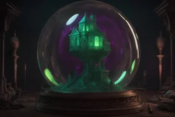 glass globe, 3D haunted mansion, spooky eldritch, luminous color sparkles, bubbling 3D neon green, purple, teal, moon; 3D Insanely Detailed, Intricate, Fantasy, William Holman Hunt, Artgerm, Jim Burns, Intricate, Elegant, 16k, 3D Sharp Focus, Smooth, Artstation, 3D