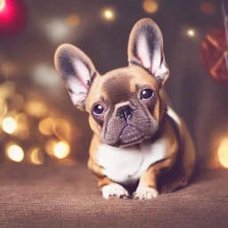 Portrait of a cute little french bulldog with brown fur celebrating new year and christmas