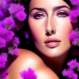 monica bellucci underwater with purple flowers for hair, closed eyes, rtx, reflection, 8k, glow, winning photography, caustics