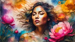 Mixed Media, Impasto, Layered, Distressed Vignette, Collage, Impasto, Highly Rough Textured, Dimensional, Very Rough Paint Brushstrokes, Alcohol Ink, Double Exposure, A WOMAN with a serene expression surrounded by vibrant peony storms and warm golden light, her skin etched with delicate botanical tattoos and her eyes reflecting the iridescent colors of her surroundings, Lens flare, glow, dissolves into digitally created composites of inky turbulent frames that send rusty scarlet petals soaring i