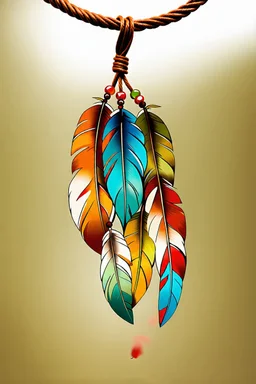 feathers and beads on leather string moving in the wind, warm colors, sharper details, hand painted