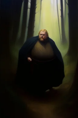 1970's dark fantasy cover dnd style oil painting of obese fat obi-wan into the woods with minimalist far perspective