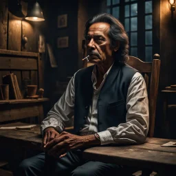 Hyper Realistic Jaun Elia Poet Sitting A Wooden Chair In His Dark Room Writing Poetry With Cigarette In His Other Hand On A Rustic Table With Moonlight Rays coming from Window At Dark Night With Cinematic & Dramatic Ambiance.