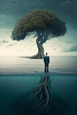 a tree and sad man in the middle of sea