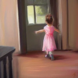 little girl walking in the house painting