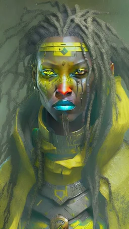 A woman has tanned skin, yellow eyes and black dreads. Her face show her superiority in the eyes of others. She is dressed in an armor with a few pieces of yellow and green cloak sticking out.
