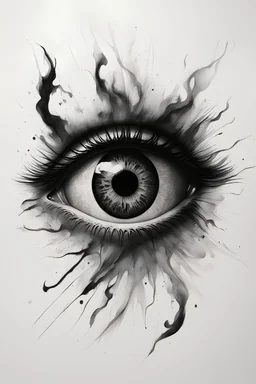 A realistic drawing in negative space black ink on white background of a eye with multipleinside a sun with very defined and correct details and brushstrokes smoke around it