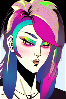 asian androgynous person, in 80's comic illustration, piercings,rainbow hair, androgynous look, epic colour treatment, cinematic colour treatment